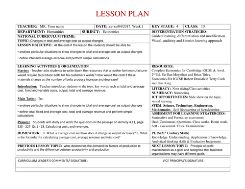 Lesson Plan IGCSE Economics Year 10 Week 1 Term 3, 2017- 2019 Syllabus