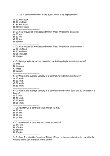 Velocity, displacement and acceleration quiz