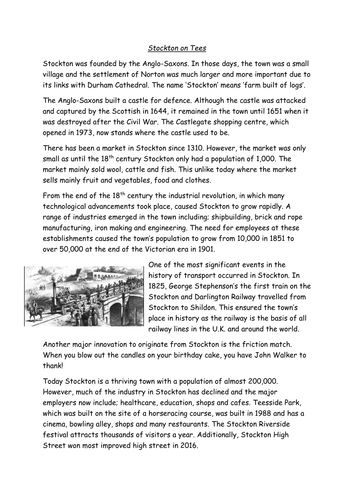 Comprehension paper based around the history Stockton On Tees