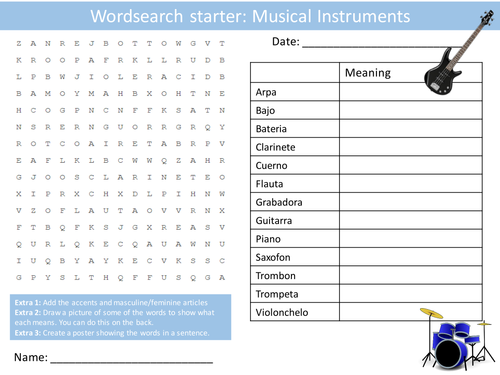 Spanish Musical Instruments Keyword Wordsearch Crossword Anagrams Keyword Starters Homework Cover