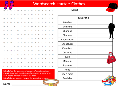 French Clothes Wordsearch Crossword Anagrams Keyword Starters Homework Cover Plenary Lesson