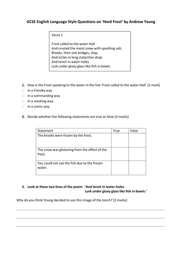 English Language style questions on 'Hard Frost'