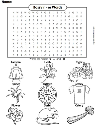 Bossy r - er Words Word Search