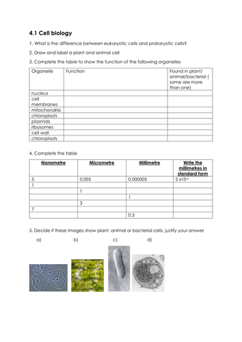 Cell Biology review questions AQA (1-9)