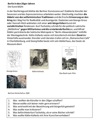 NEW AQA  German A-Level-Topic:   Das Berliner Leben vor und nach dem Krieg