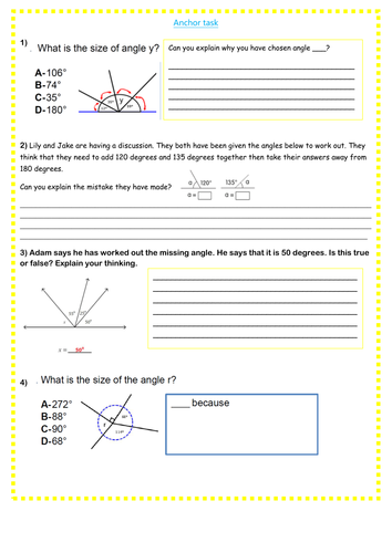 Identify and find missing angles at 90˚ , 180 ˚ and 360˚