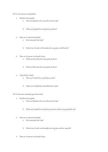 Y2 division problems expected and greater depth with remainders