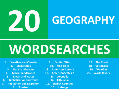 20 Geography Wordsearches Starter Activities GCSE KS3 Wordsearch etc Cover Plenary Lesson