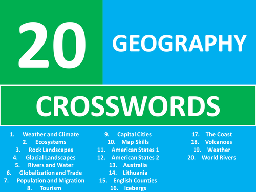 20 Geography Crosswords Starter Activities GCSE KS3 Crossword etc Cover Plenary Lesson