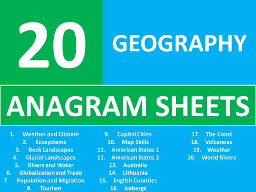 20 Geography Anagram Sheets Starter Activities GCSE KS3 Anagram etc Cover Plenary Lesson