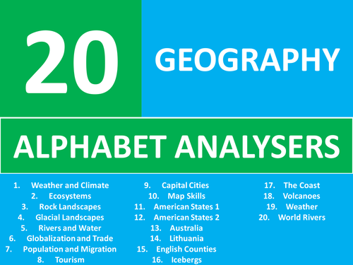 20 Geography Alphabet Analyser Starter Activities GCSE KS3 Brainstormer etc Cover Plenary Lesson