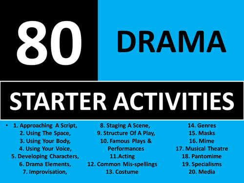 80 x Drama Starters Wordsearches Crossword Alphabet Brainstorm GCSE KS3 Keyword Homework Cover