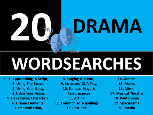 20 x Drama Wordsearches Starter Activities GCSE KS3 Keyword Homework Cover Plenary