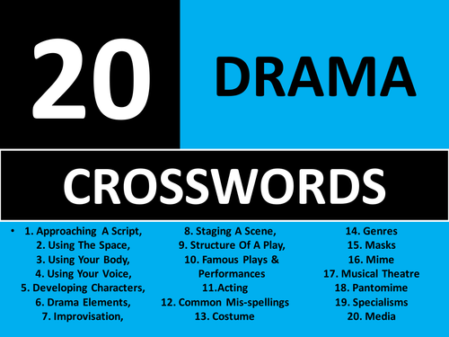 20 x Drama Crosswords Starter Activities GCSE KS3 Keyword Homework Cover Plenary Crossword