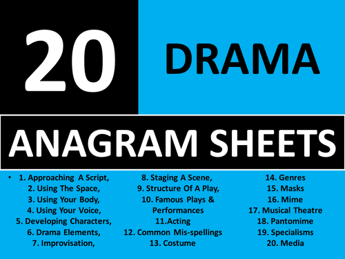 20 x Drama Anagram Sheets Starter Activities GCSE KS3 Keyword Homework Cover Plenary