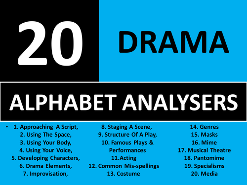 20 x Drama Alphabet Analysers Starter Activities GCSE KS3 Keyword Homework Cover Plenary