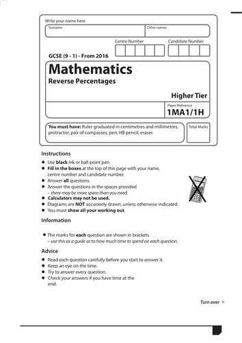 GCSE Maths Exam style paper. - Reverse Percentages