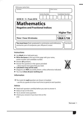 GCSE Maths Exam Style Paper - Fractional and Negative Indices