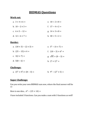 a basic worksheet using the bidmas rule teaching resources