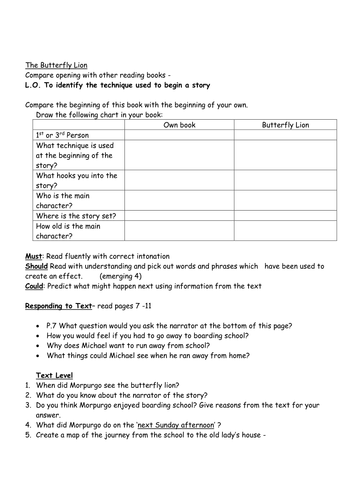 The Butterfly Lion - Michael Morpurgo - Guided Reading / Comprehension Unit of Work