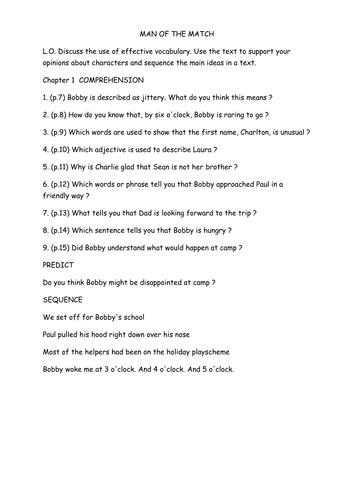 Man of the Match (Bobby/Charlton) by Sophie Smiley - Guided Reading Unit of Work