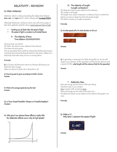 The Einstein Theory of RELATIVITY - Revision Worksheet | Teaching Resources