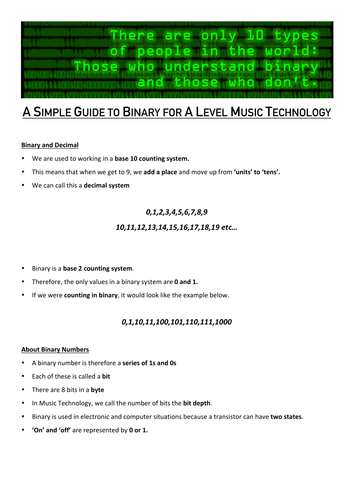 A Simple Guide to Binary Calculations for A Level Music Technology