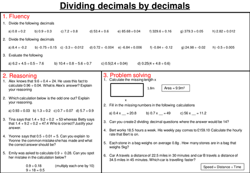 Dividing decimals - mastery worksheet