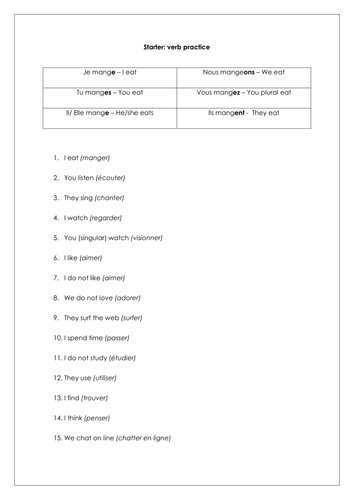 French KS3 verbs starter_ revision of formation of regular -er verbs