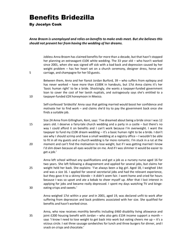 'Benefits Bridezilla' [Practice Paper: Reading for Understanding, Analysis and Evaluation ]