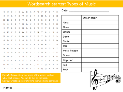 Spanish Types of Music Keyword Wordsearch Crossword Anagrams Keyword Starters Homework Cover