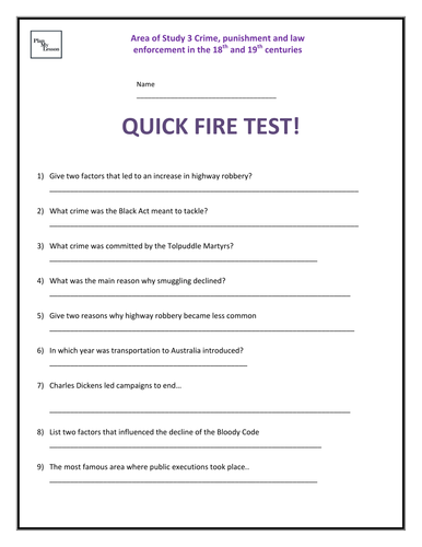 Quick Fire Test - Edexcel 9-1 Crime, punishment & law enforcement in the 18th and 19th centuries