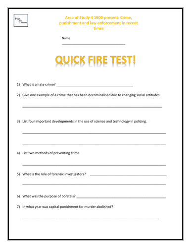 Quick Fire Test - Edexcel 9-1 Crime, punishment & law enforcement 1900-present