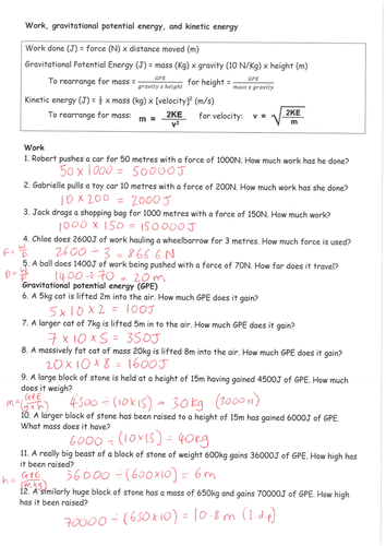 Gcse Energy Work Gravitational Kinetic Energy Mixed Questions Teaching Resources