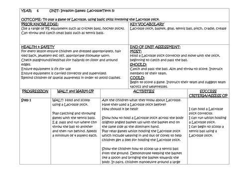 Lacrosse  PE Planning Year 5 or Year 6 (Beginners)