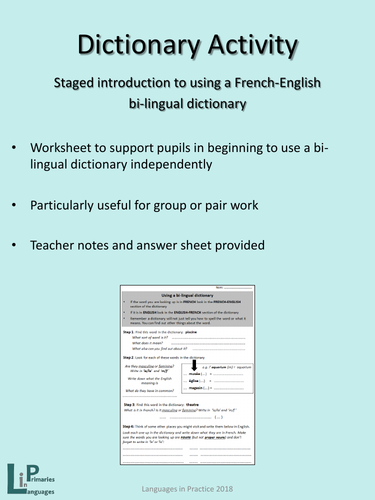 KS2 French Dictionary Activity - staged introduction to using a using a bi-lingual dictionary