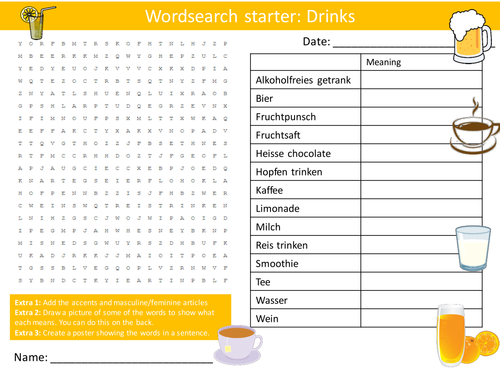 German Drinks Keywords KS3 GCSE Starter Activities Wordsearch, Anagrams Crossword Cover Homework