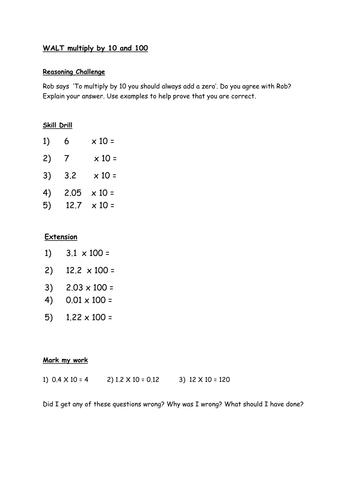 Multiply integers and decimals by 10 (Year 4)