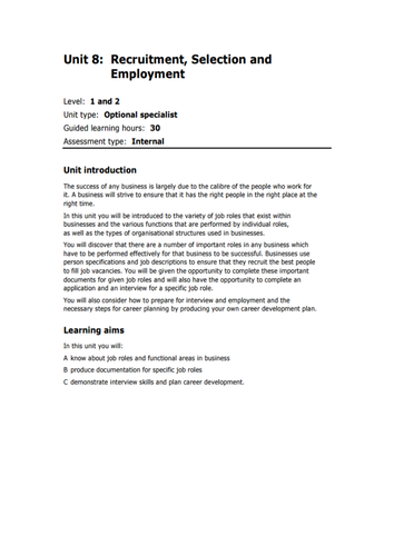 BTEC Business Studies unit 8 student booklet - Recruitment, selection and employment