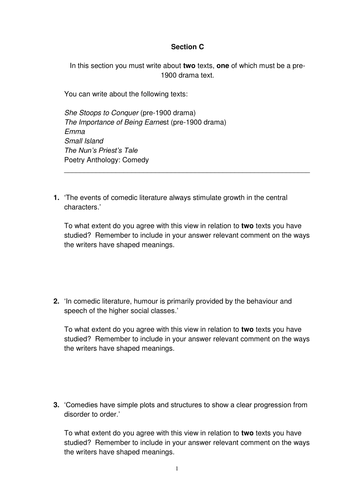 AQA A-Level Literature B Paper 1 Aspects of Comedy Section C Exam Questions