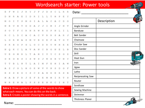 Design Technology Power Tools KS3 GCSE Wordsearch Crossword Alphabet Keyword Starter Cover