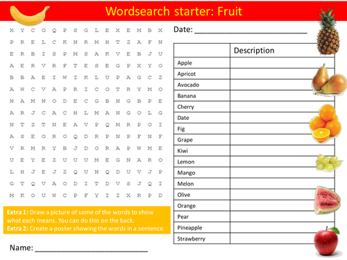 Food Fruit Keywords KS3 GCSE Starter Activities Wordsearch, Crossword Cover Homework