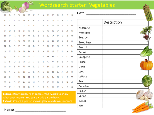 Food Technology Vegetables Keywords KS3 GCSE Starter Activities Wordsearch, Crossword Cover Homework