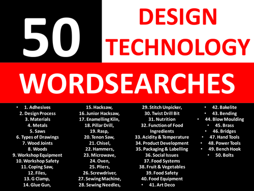 50 Wordsearches Design Technology KS3 GCSE Keyword Starters Wordsearch Cover Lesson Homework
