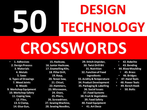 50 Crosswords Design Technology KS3 GCSE Keyword Starters Crossword Cover Lesson Homework
