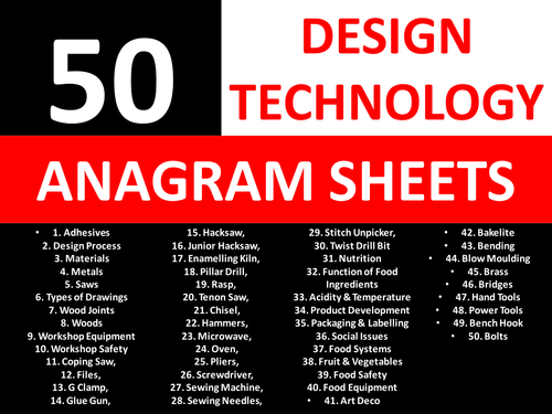 50 Anagram Sheets Design Technology KS3 GCSE Keyword Starters Crossword Cover Lesson Homework