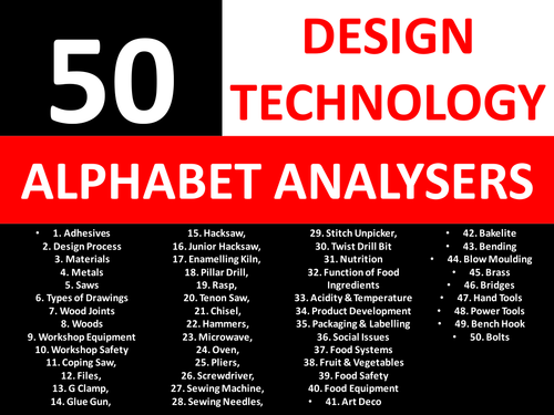 50 Alphabet Analysers Design Technology KS3 GCSE Keyword Starters Cover Lesson Homework