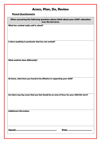 Assess, Plan, Do, Review - Parent questionnaire