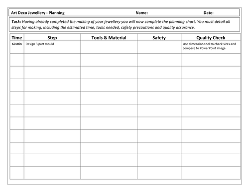 KS3 Art Deco Jewellery Planning Chart (Worksheet and Example sheet)