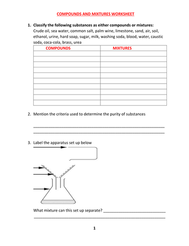 COMPOUND AND MIXTURE WORKSHEET WITH ANSWER | Teaching Resources